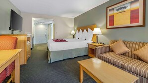 A hotel room with a bed, a sofa, a desk, and a TV.