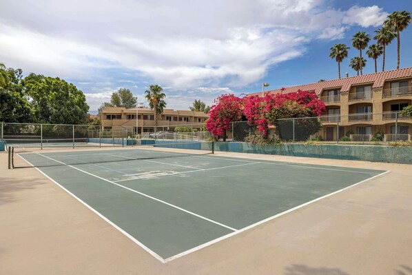A tennis court with a net, surrounded by a fence, and palm trees in the background. - Best Western Plus Palm Desert Resort (Palm Desert)