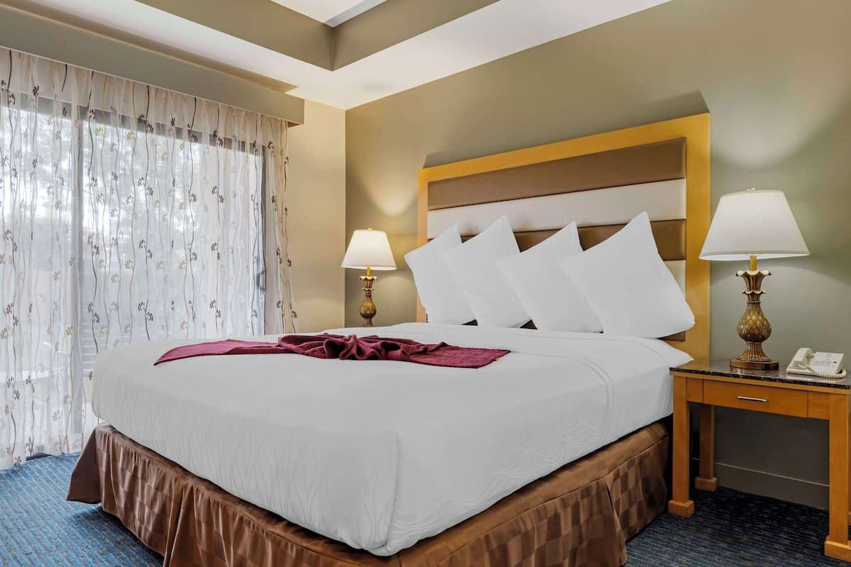A hotel room with a large bed, two bedside lamps, a wooden nightstand, and a telephone.