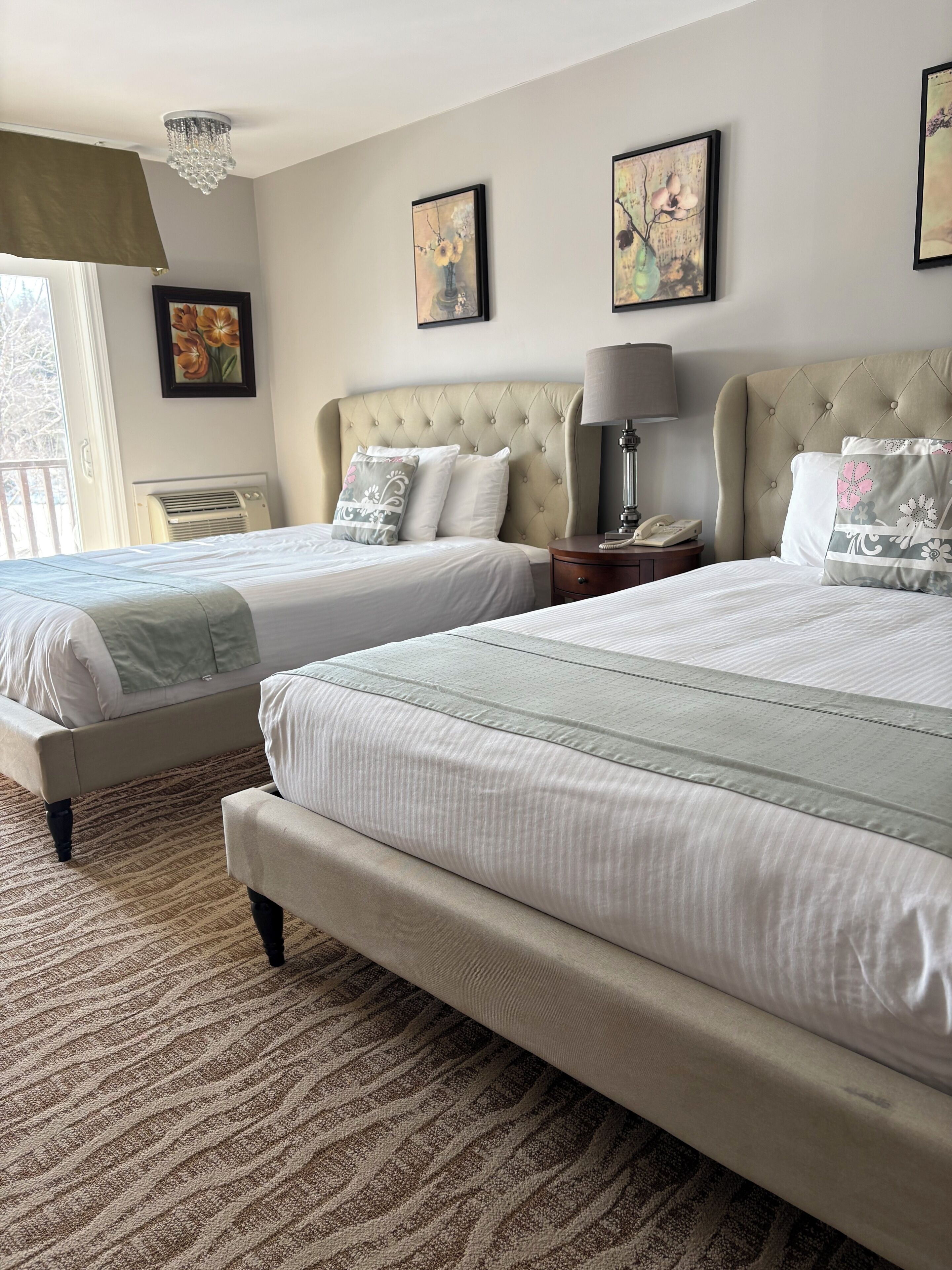 Hotel Room, 2 Queen Beds, Fireplace, River View | Down comforters, in-room safe, blackout drapes, iron/ironing board