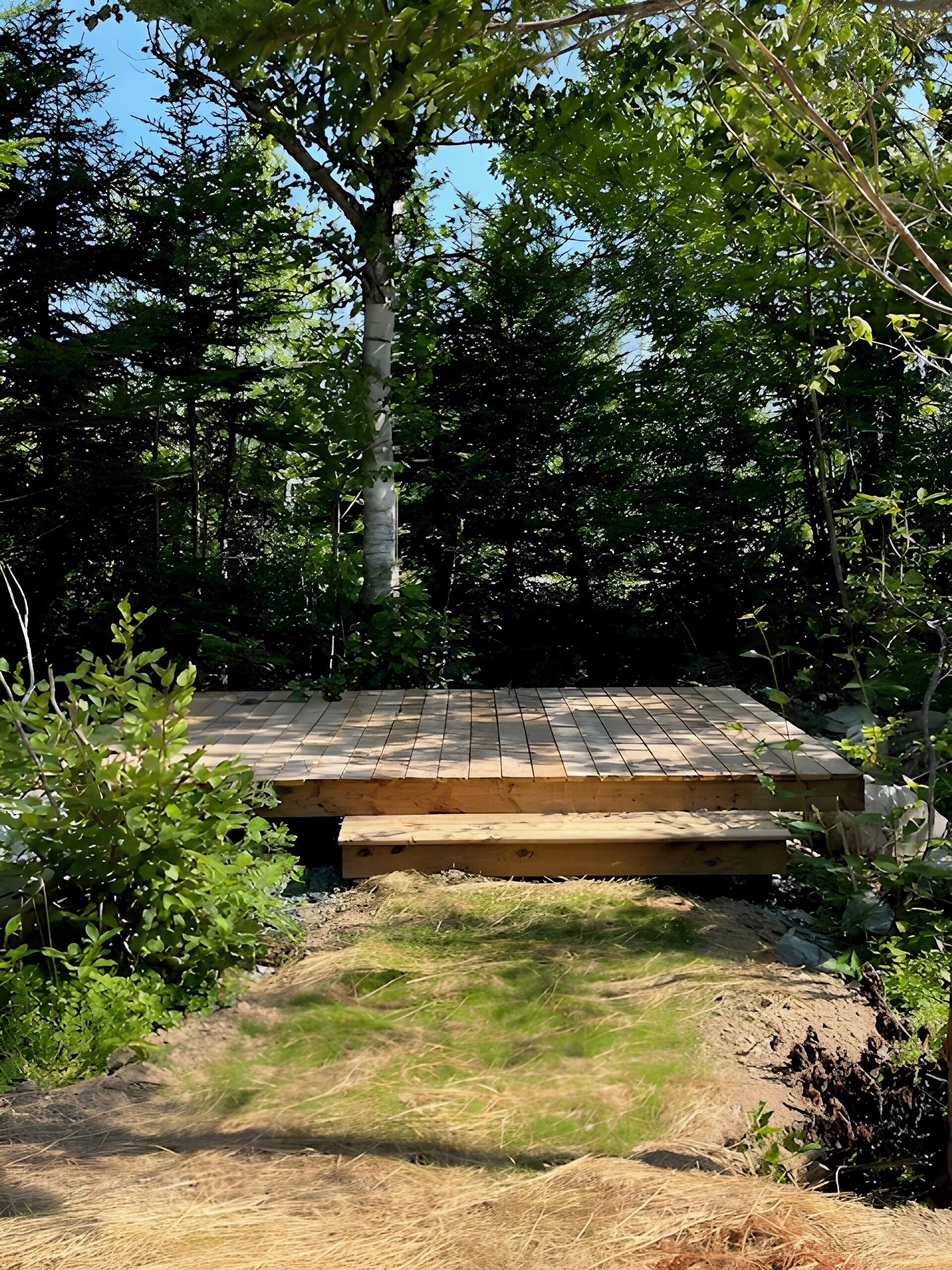 A wooden deck in a wooded area.