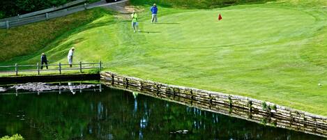 A golf course with a pond, a wooden bridge, and a golf cart.