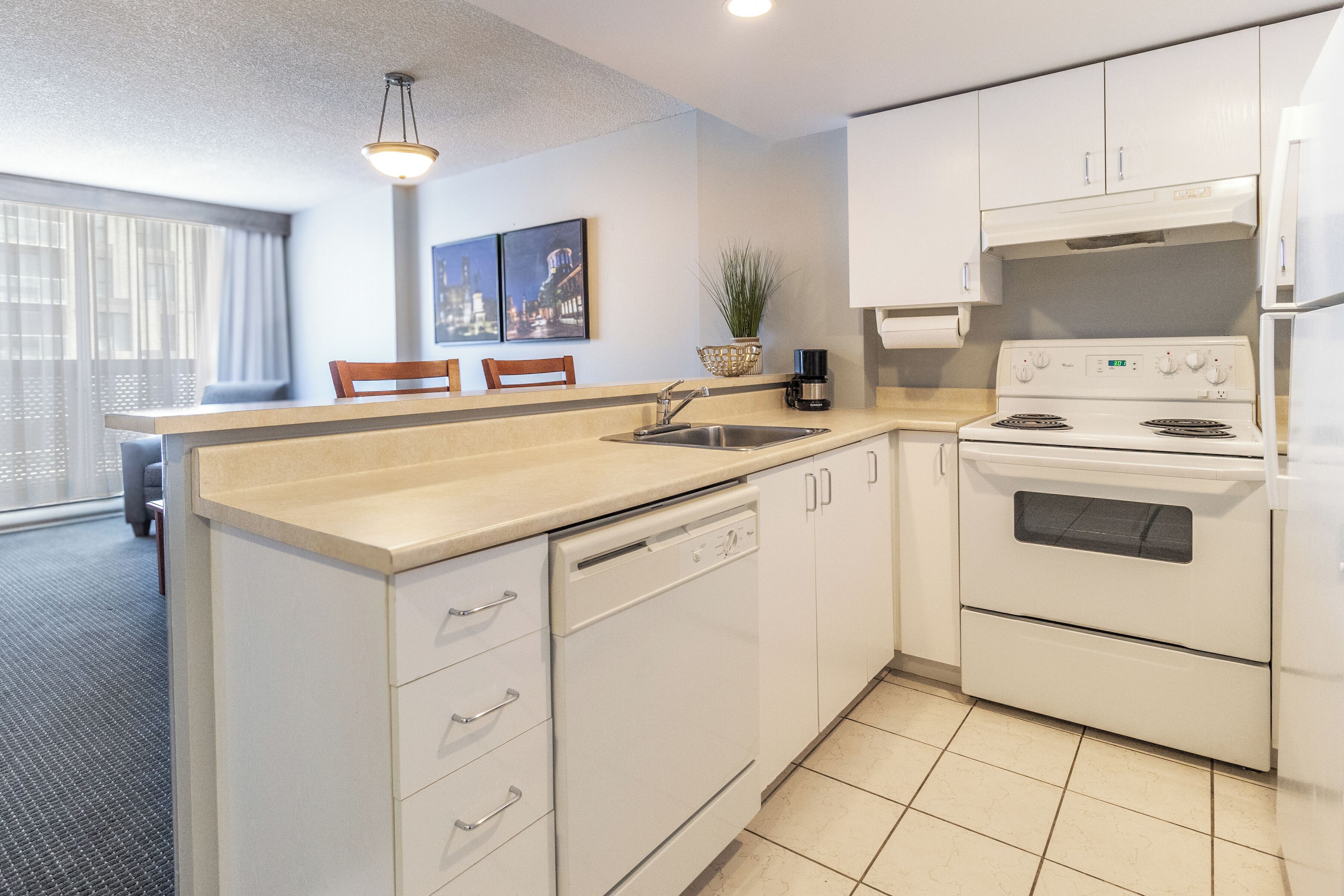 A modern kitchen with white cabinetry, a dishwasher, a stove, and a sink. There is a dining area with a table and chairs, and a plant on the counter.