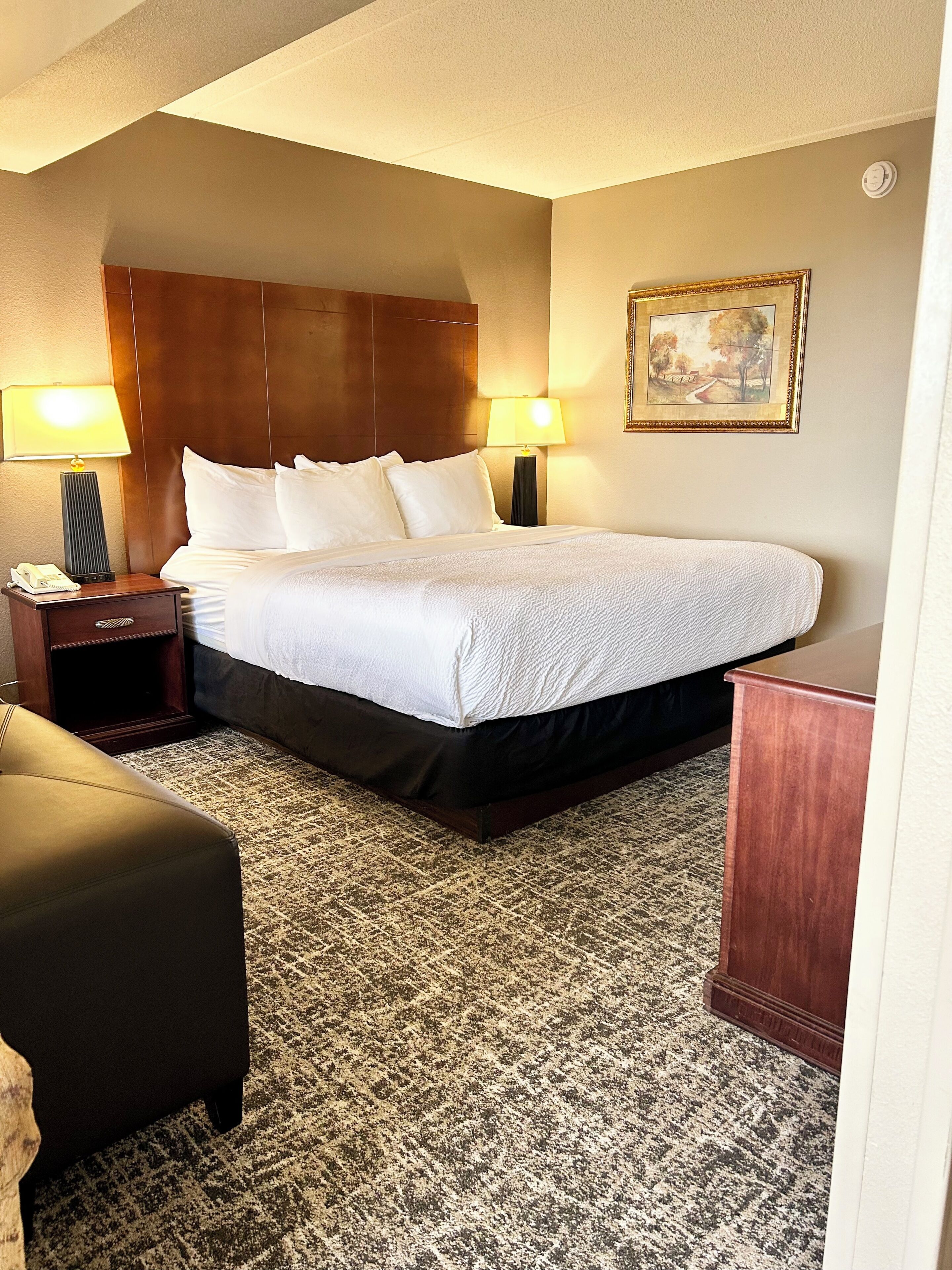 Una habitación de hotel con una cama grande, dos lámparas de noche, una mesita de noche, un cabecero de madera, un cuadro en la pared y una alfombra estampada.