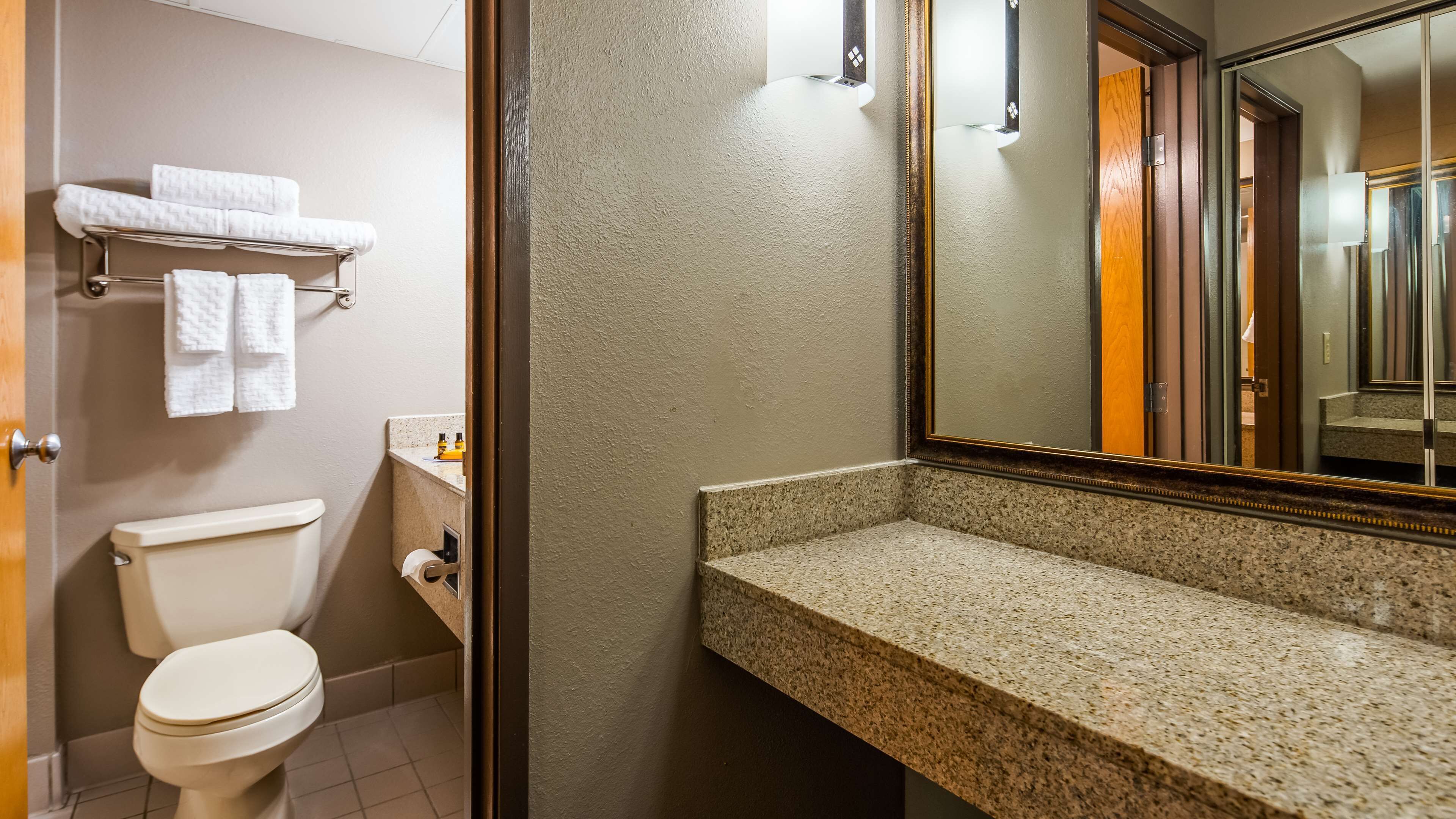 combined shower/bathtub, free toiletries, hair dryer, towels