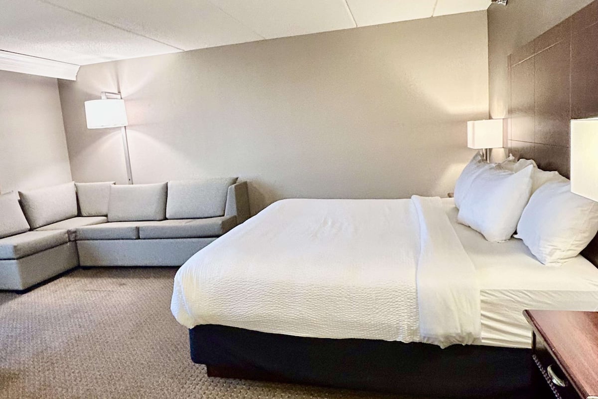 Habitación de hotel con una cama grande, un sofá y dos lámparas de noche.