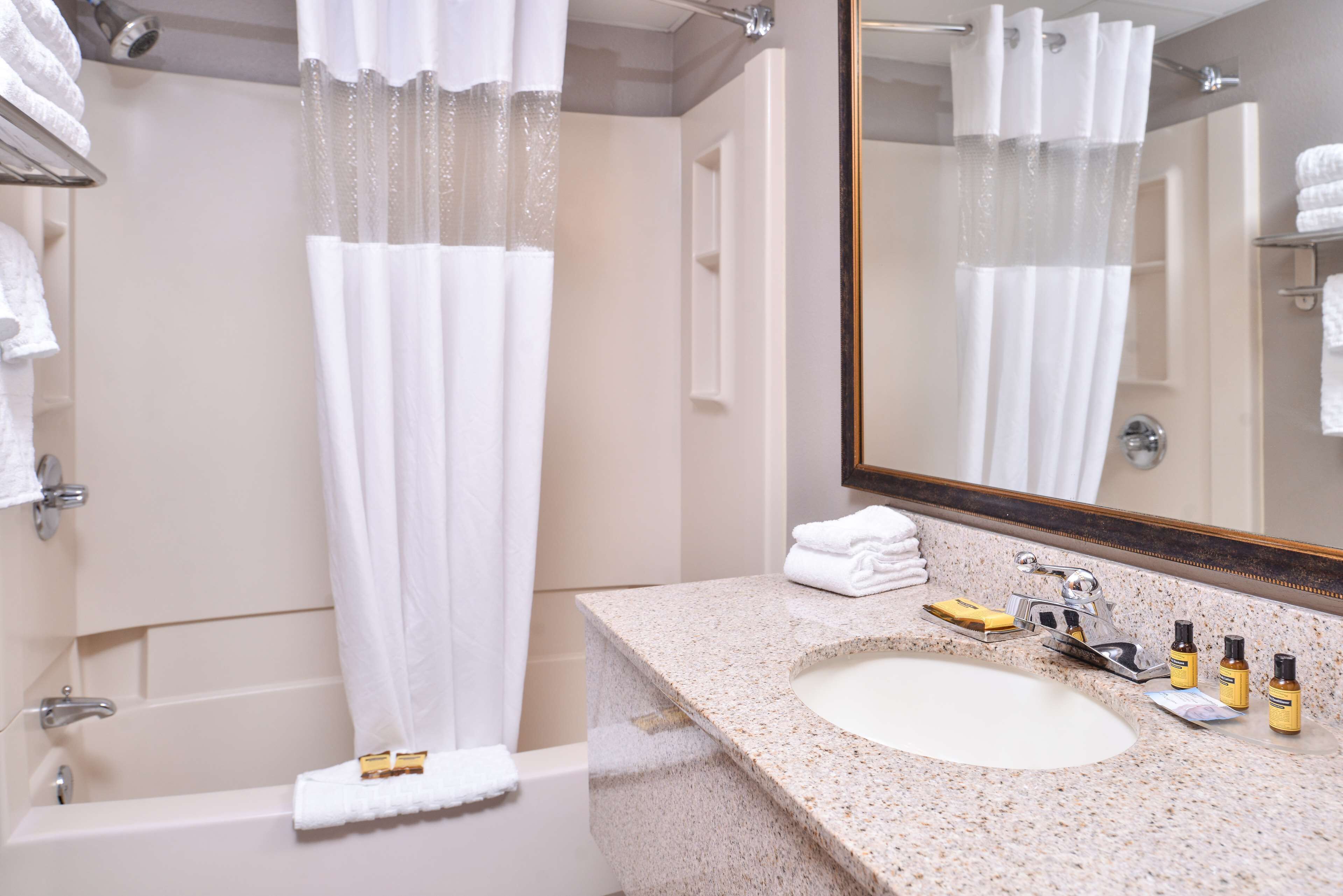 Combined shower/tub, free toiletries, hair dryer, towels