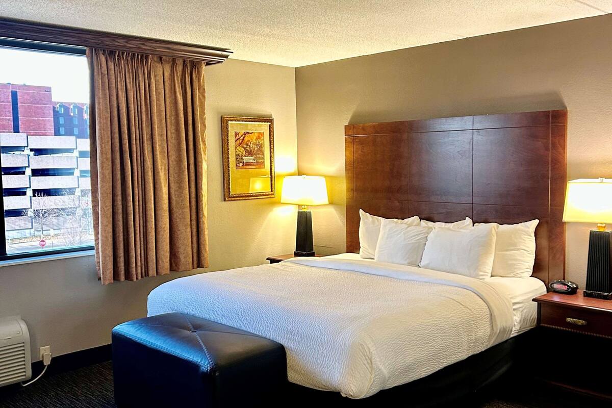 Habitación de hotel con una cama grande, dos lámparas de noche, una ventana con cortinas, un cuadro enmarcado en la pared y un termostato en la pared.