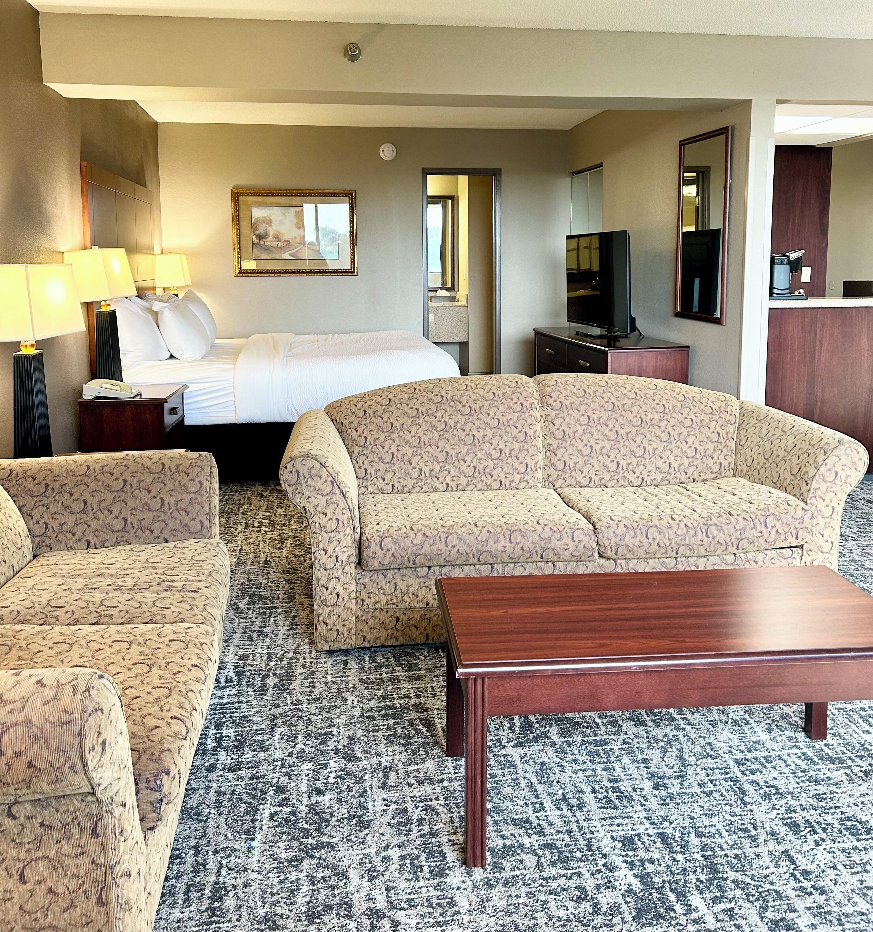 A hotel room with a bed, two sofas, a coffee table, a TV, and a painting on the wall.