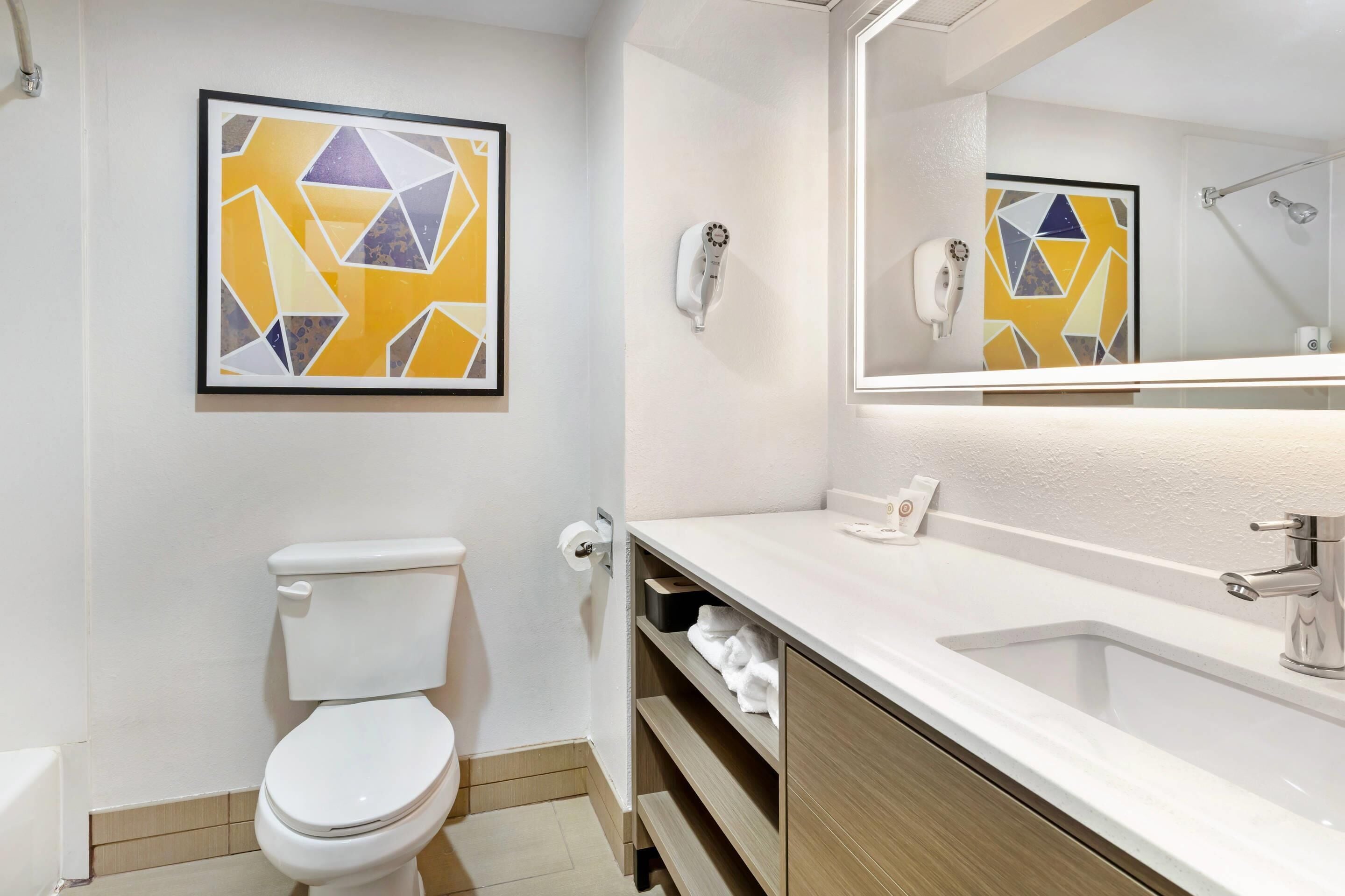 combined shower/bathtub, free toiletries, hair dryer, towels