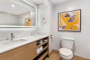 Combined shower/tub, free toiletries, hair dryer, towels