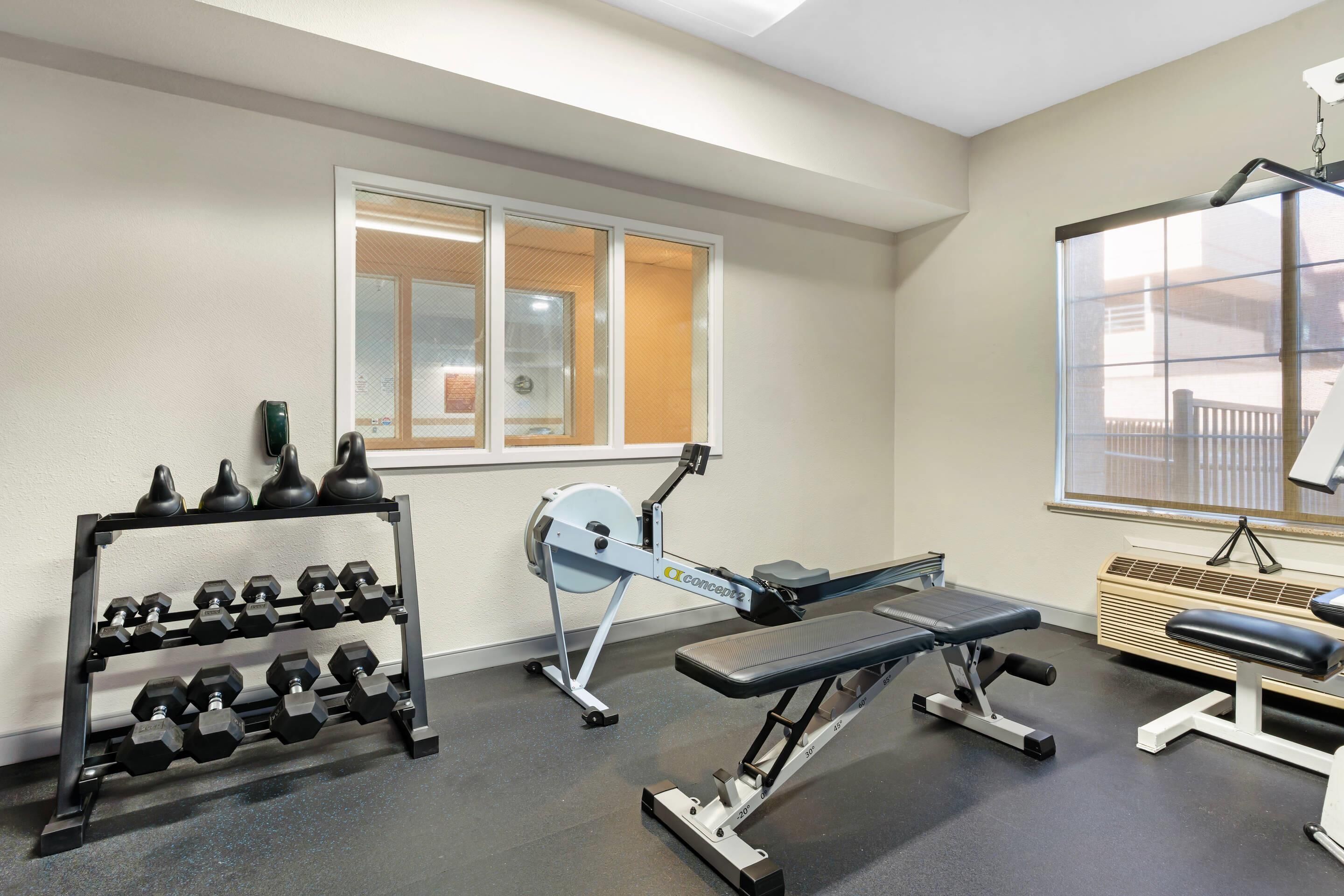 A gym with exercise equipment, a bench, and a rack of dumbbells.