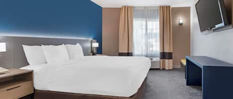 Premium bedding, desk, blackout drapes, iron/ironing board