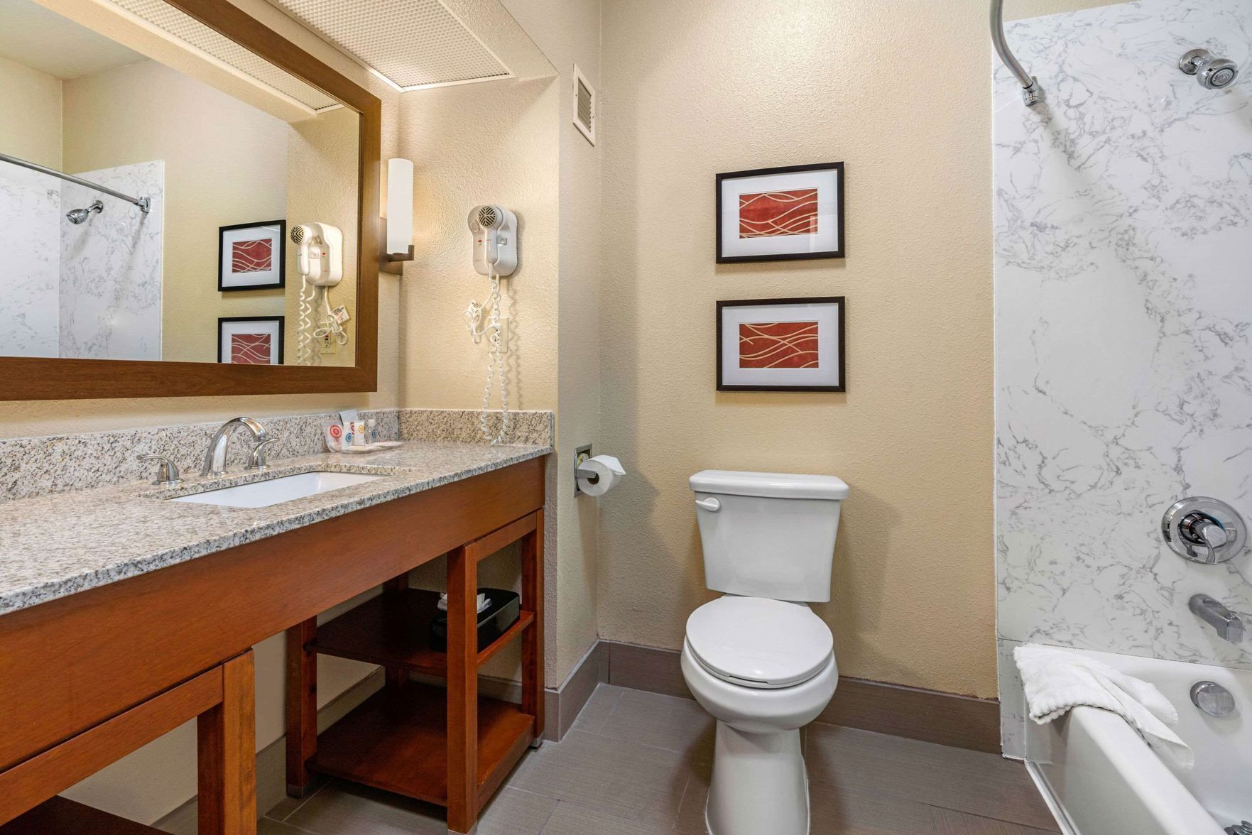 A bathroom with a marble shower, a sink with a mirror, a toilet, and framed artwork on the wall.