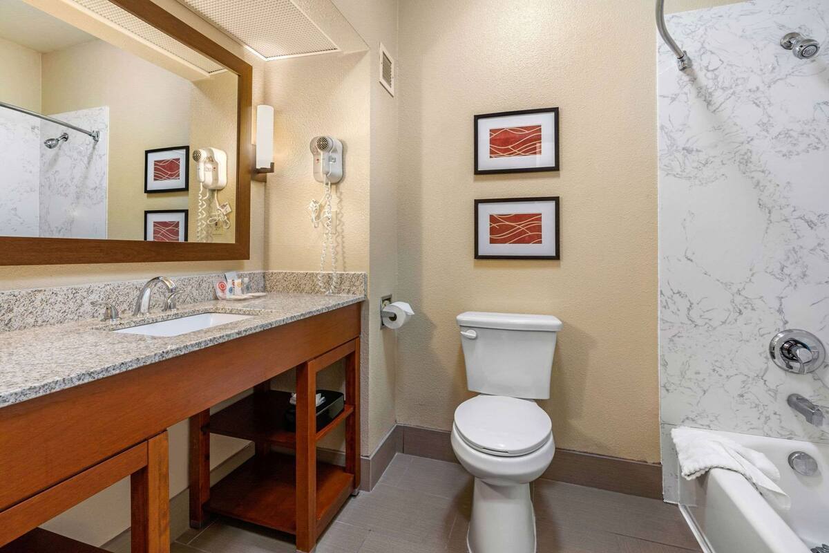 A bathroom with a marble shower, a sink with a mirror, a toilet, and framed artwork on the wall.
