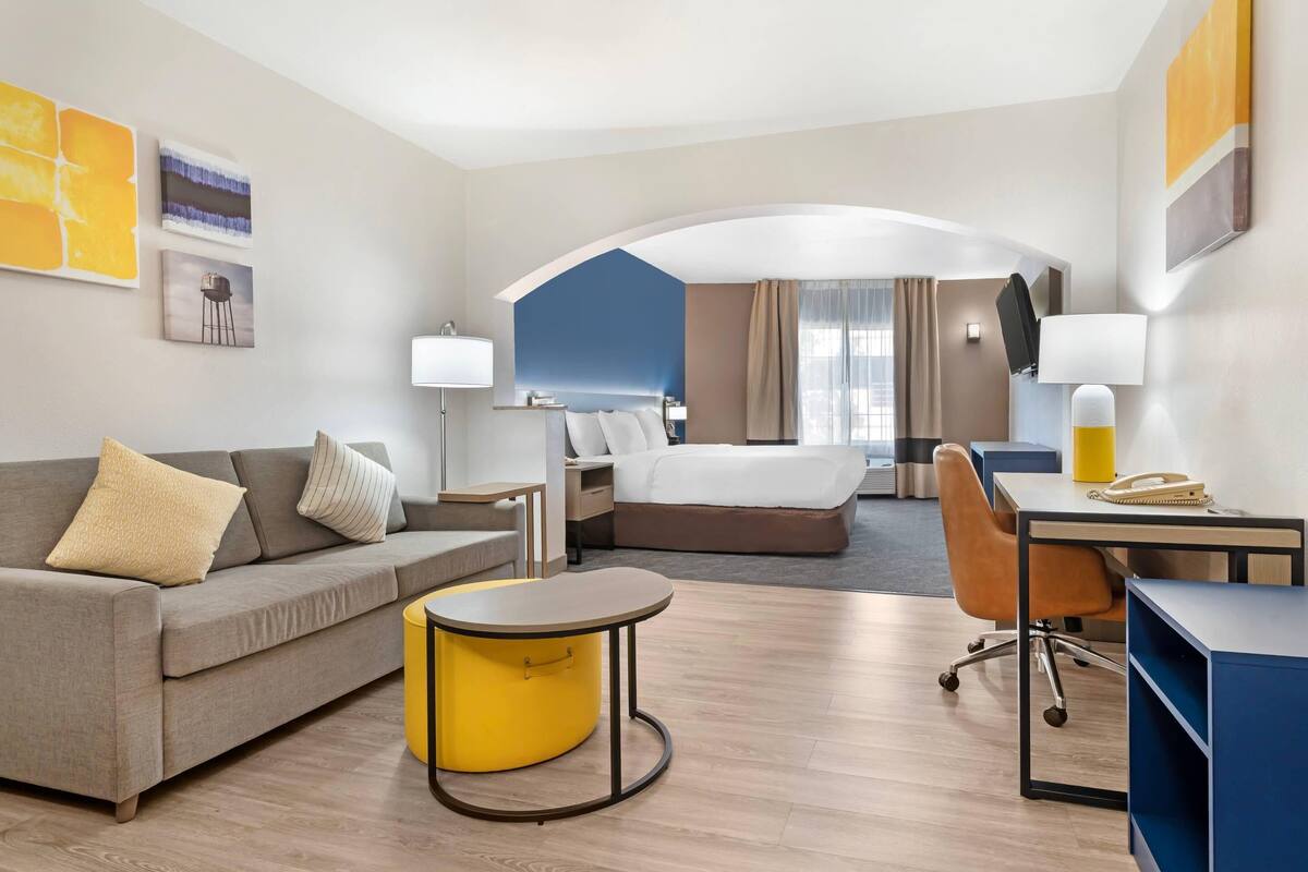 A hotel room with a sofa, a bed, a desk, a chair, and a small table.
