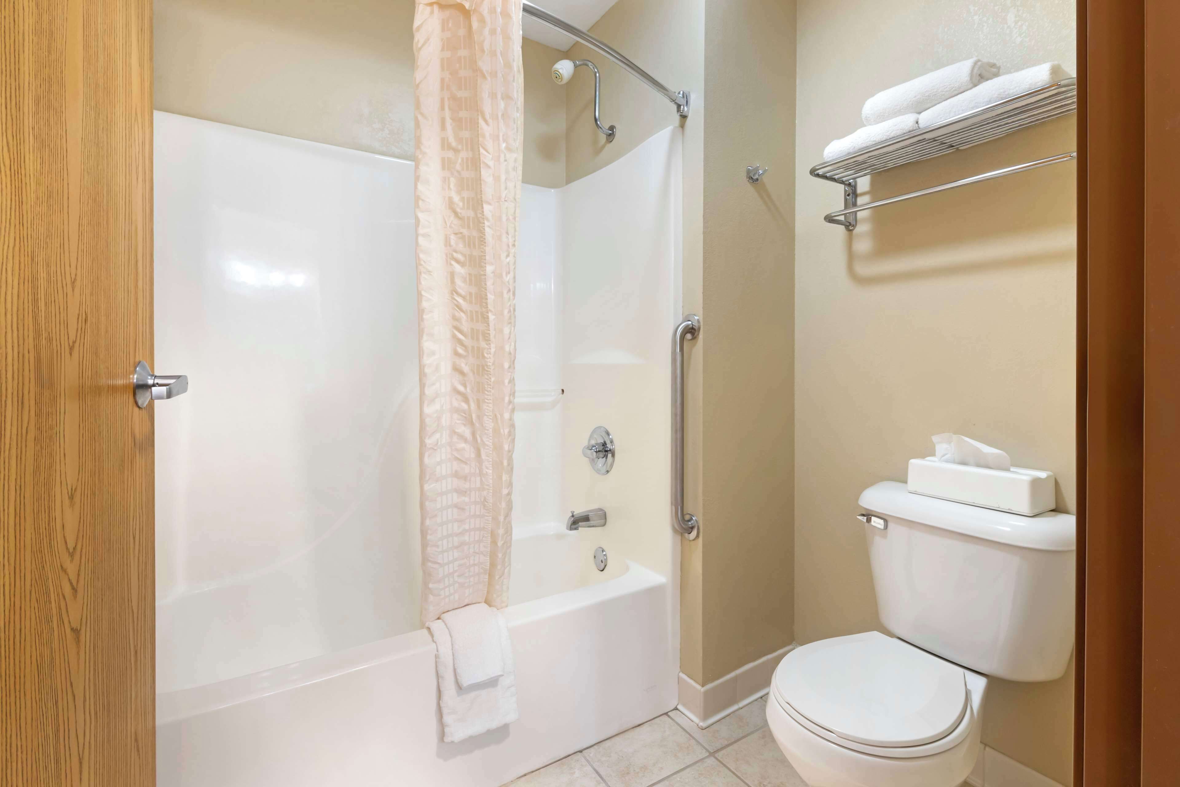 combined shower/bathtub, hydromassage showerhead, free toiletries