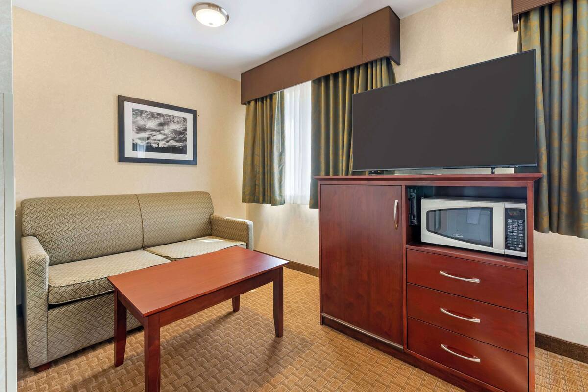 A hotel room with a sofa, a wooden table, a cabinet with a microwave, and a framed picture on the wall.