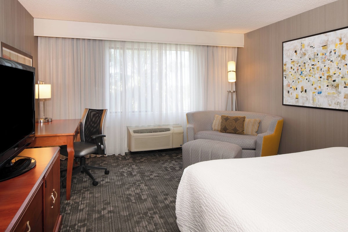 A hotel room with a bed, a desk with a television, a chair, an air conditioning unit, and a large abstract painting on the wall.