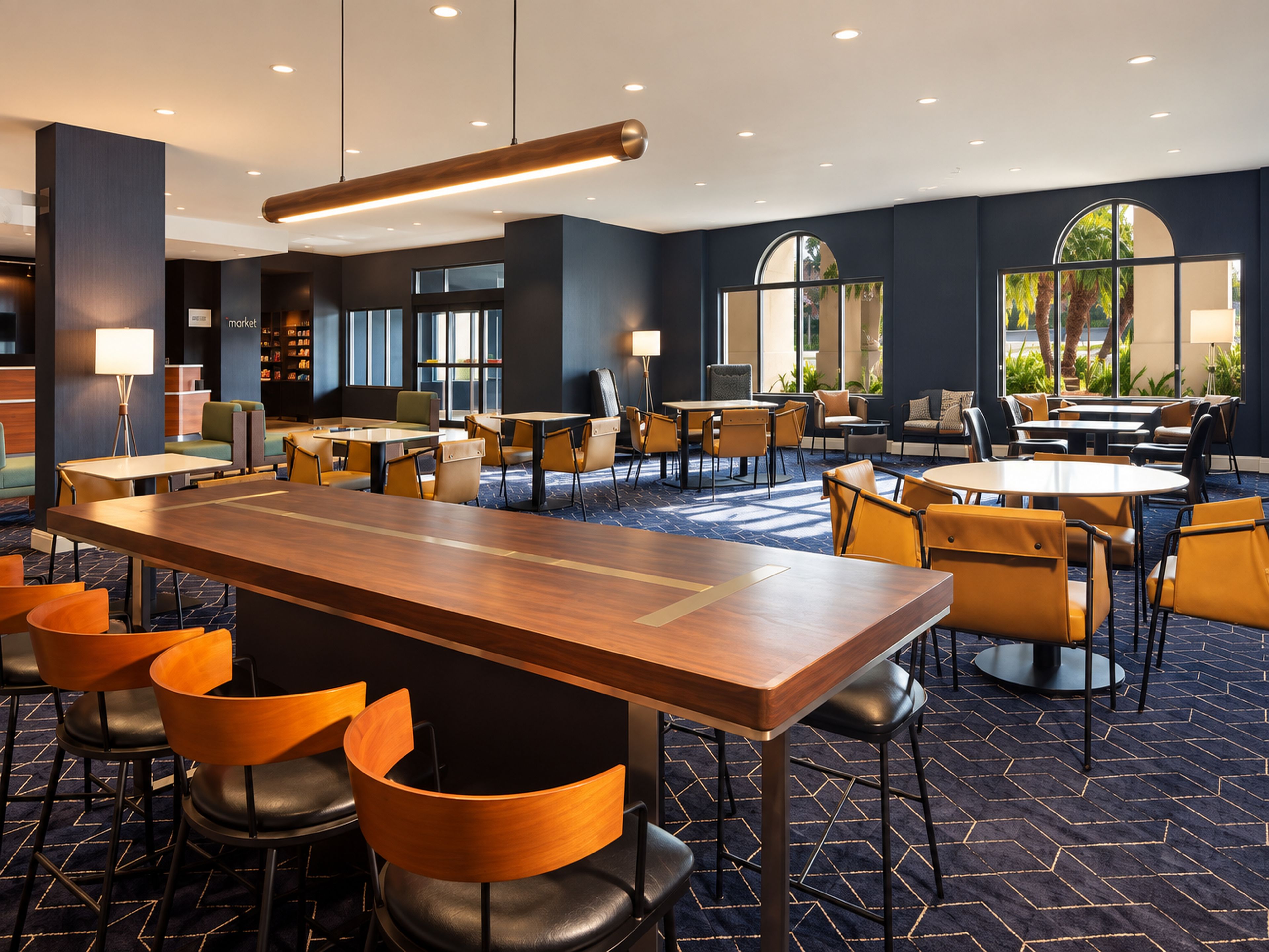 A modern hotel lobby with a central bar area, multiple seating arrangements, and large windows providing natural light.