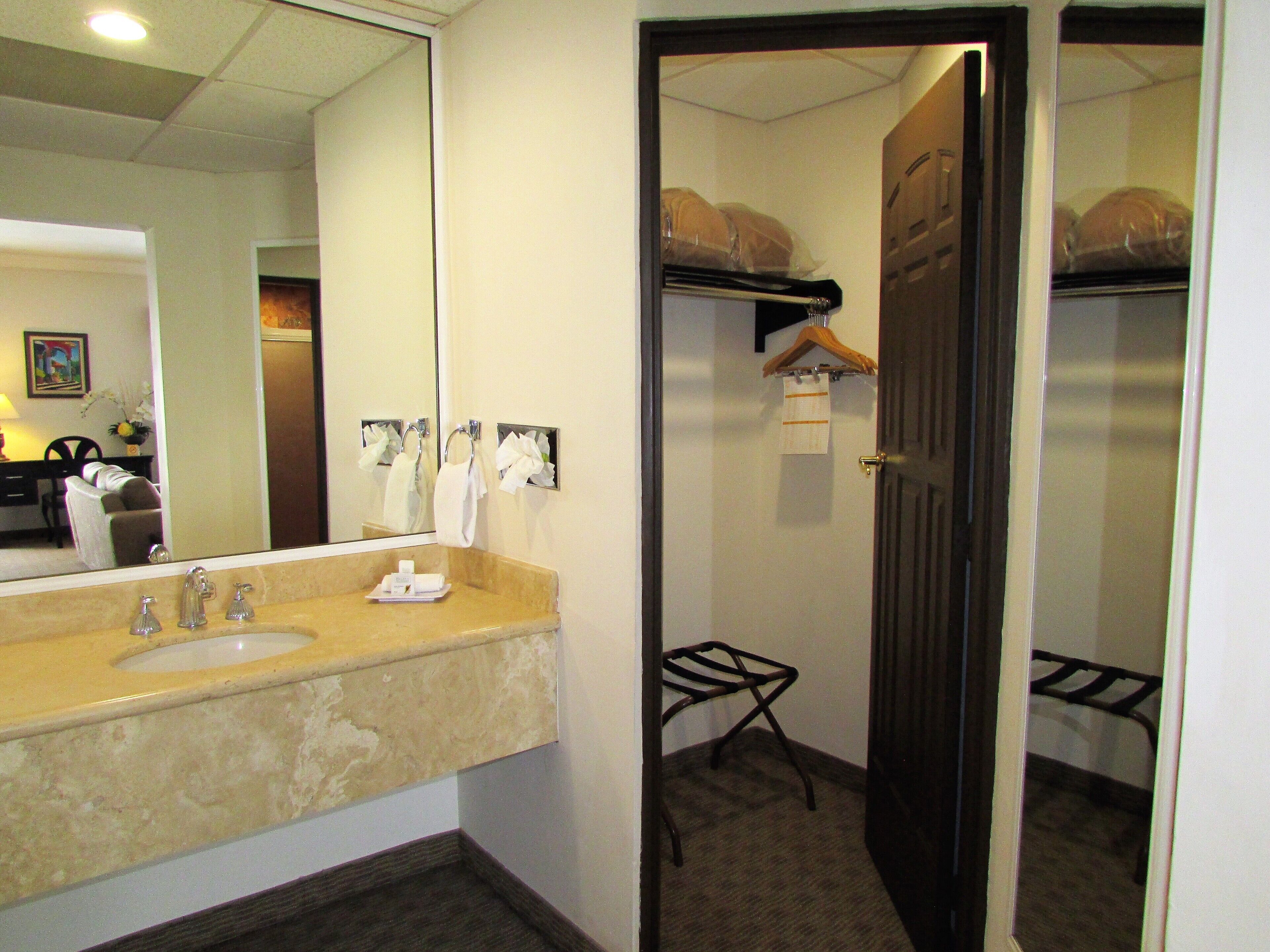 A bathroom with a sink, mirror, towel rack, and a door leading to a closet with hanging clothes.
