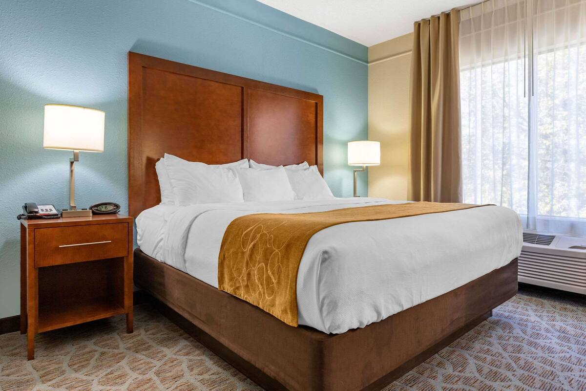 Habitación de hotel con una cama grande, dos lámparas de noche, una mesita de noche con teléfono y un equipo de aire acondicionado.