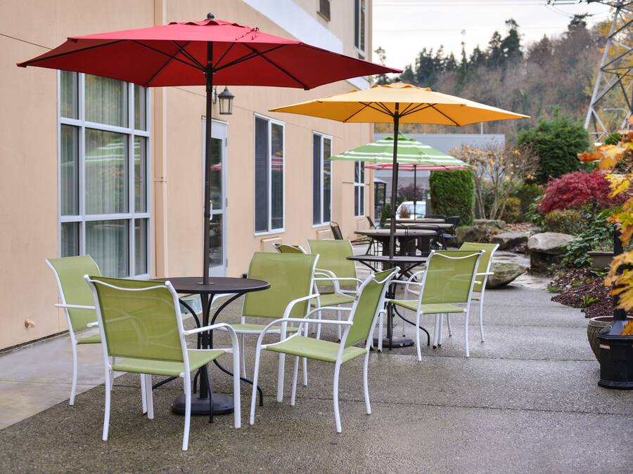 An outdoor patio with tables and chairs, two umbrellas, and a garden with autumn foliage.