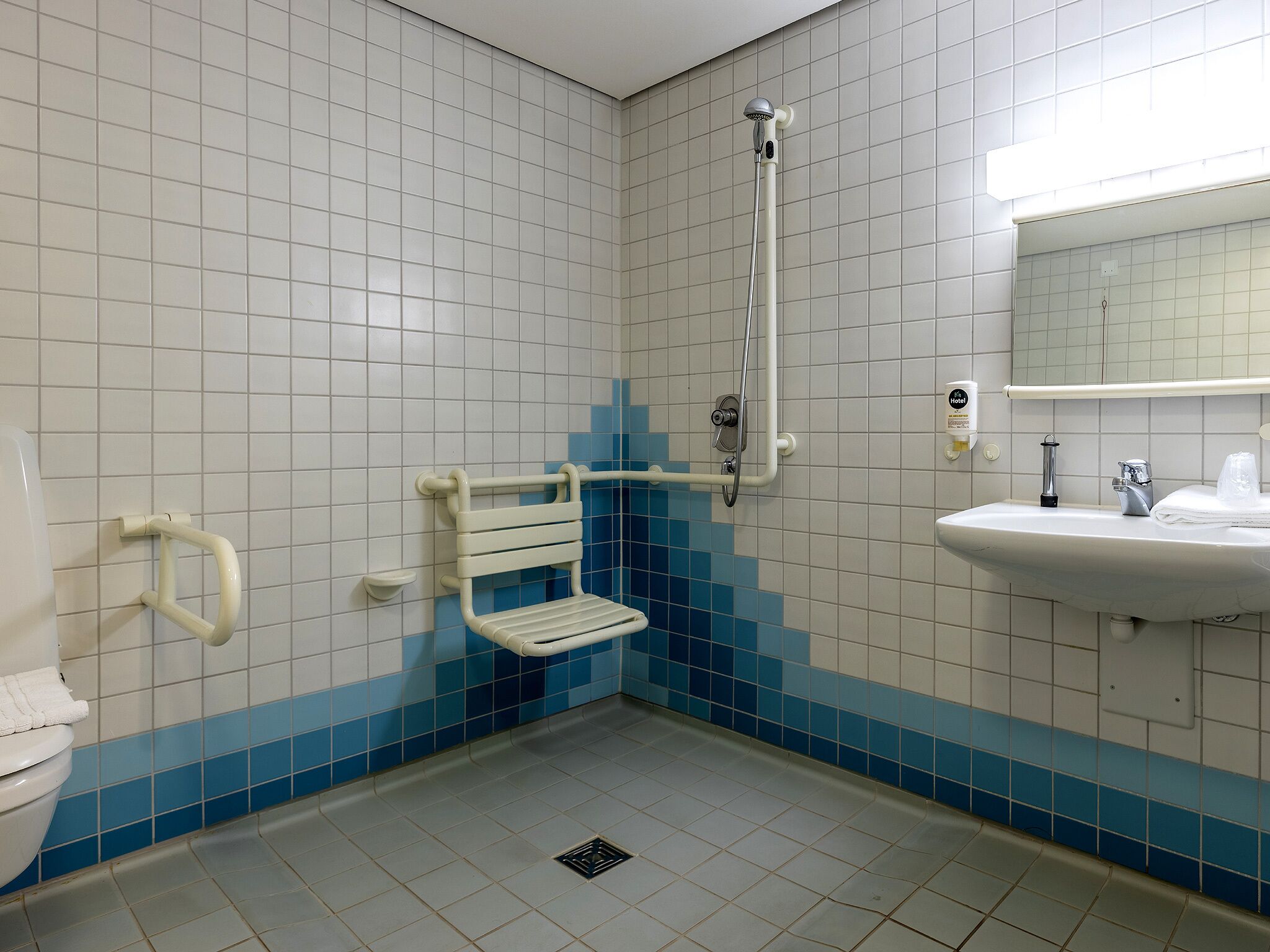Een badkamer met een wit wastafelmeubel, een spiegel, een douche en een toilet.