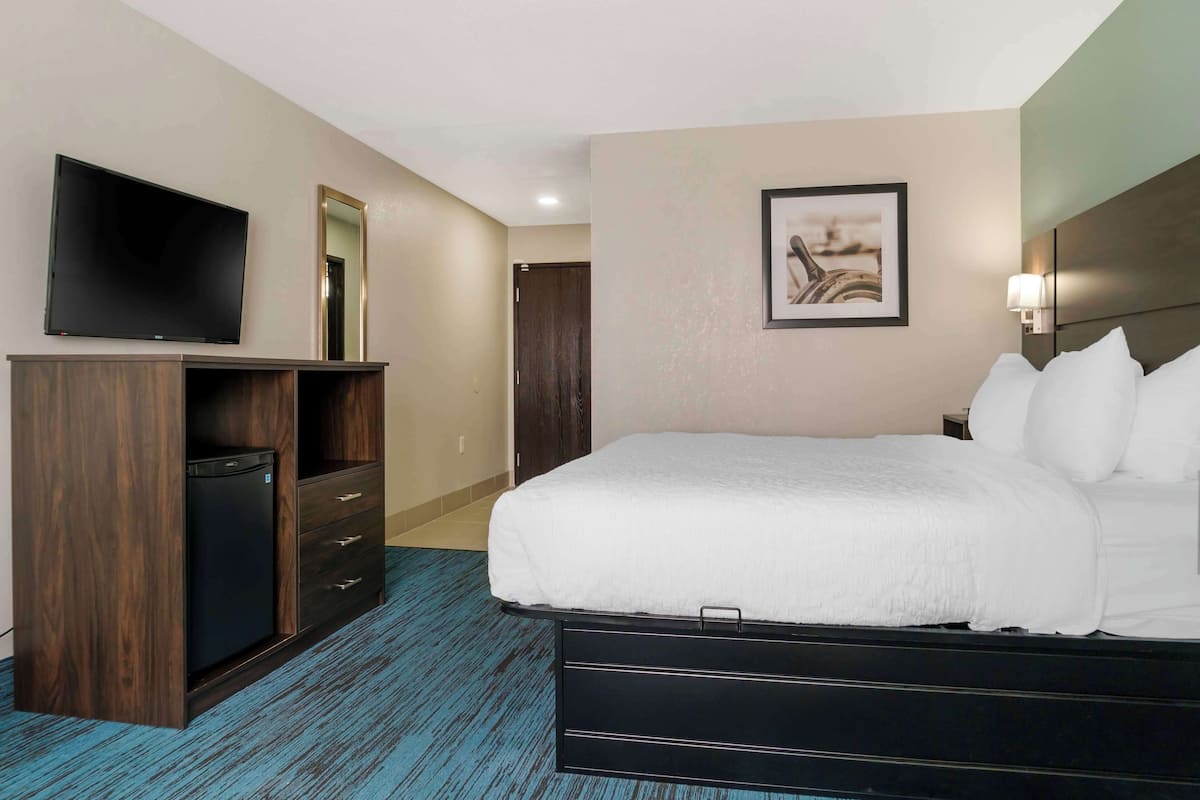 A hotel room with a bed, a TV, a desk with drawers, a mirror, and a framed picture on the wall.