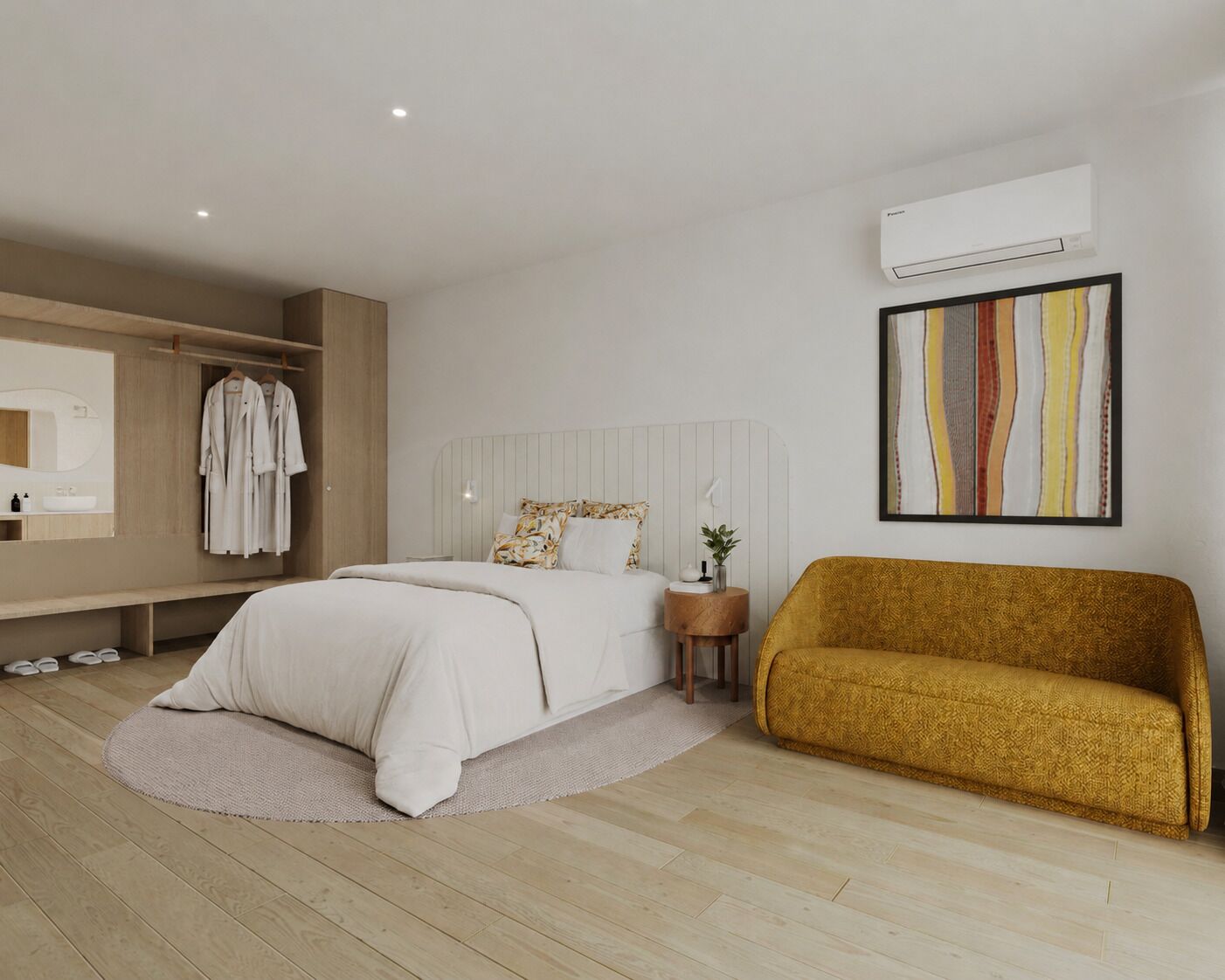 A modern bedroom with a bed, a sofa, a mirror, and an air conditioning unit.