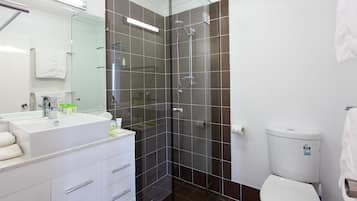 Combined shower/bathtub, free toiletries, hair dryer, towels