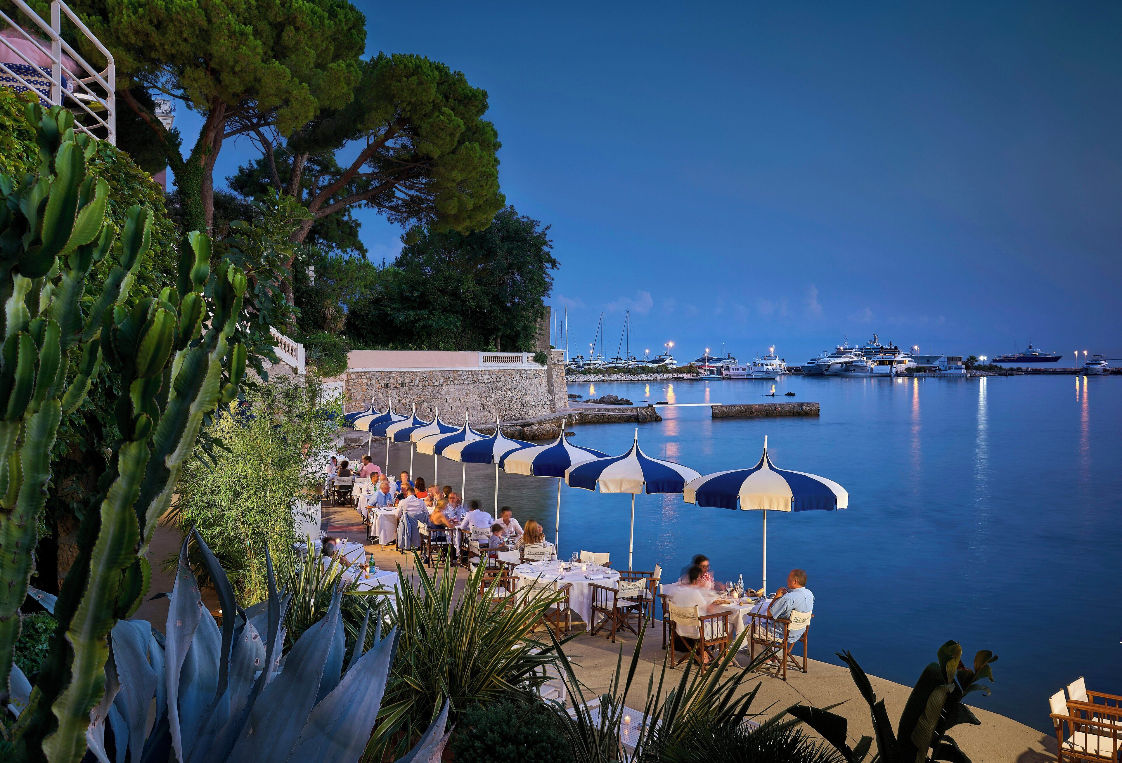 Un restaurante frente al agua con terraza, con vistas a un puerto deportivo lleno de barcos.