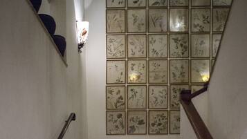 Una escalera con alfombra estampada y barandillas de madera que conduce a una pared con ilustraciones botánicas enmarcadas.