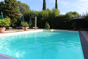 Outdoor pool, open 9 AM to 7 PM, pool loungers