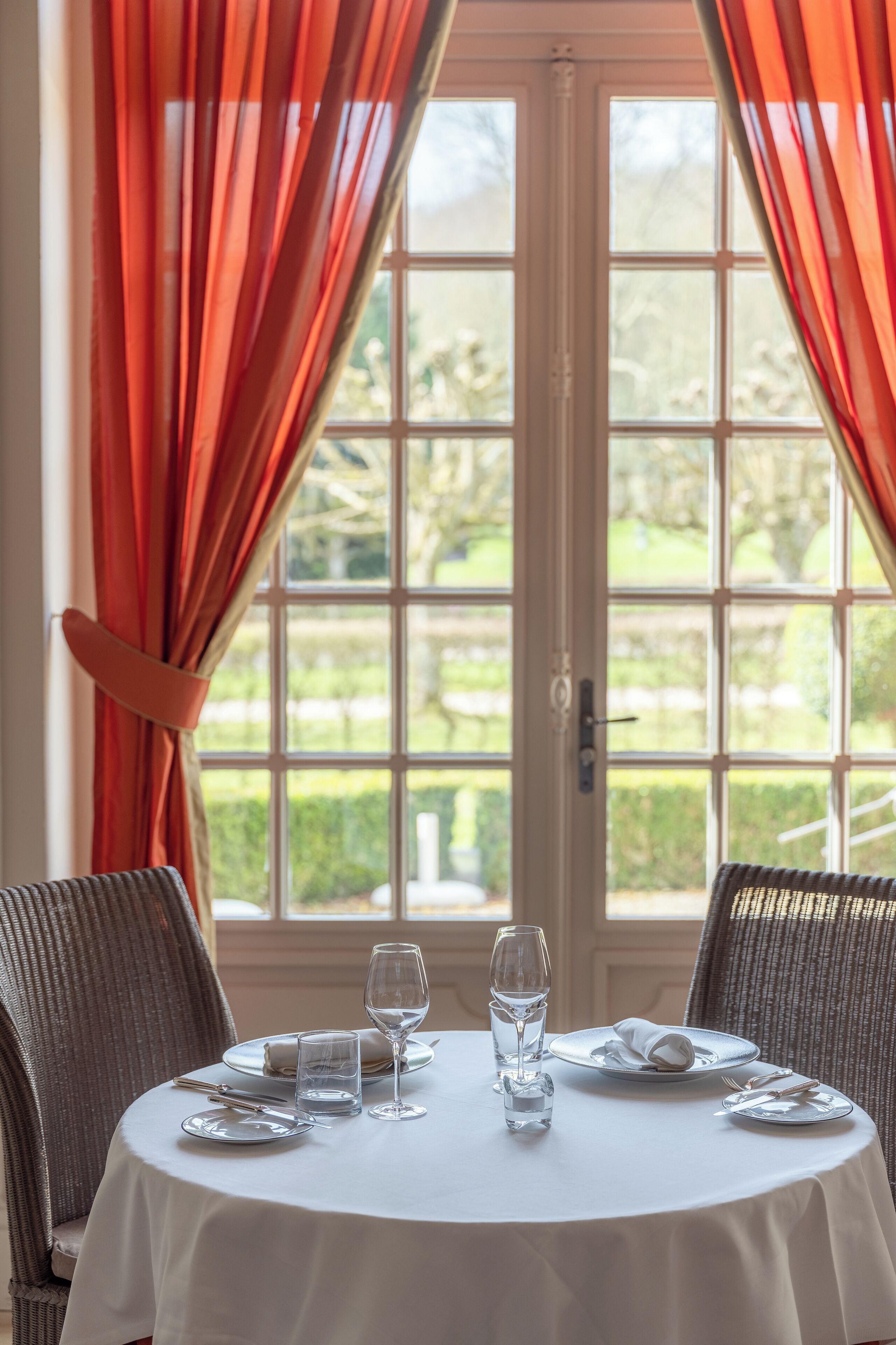 dinner served, french cuisine, garden views