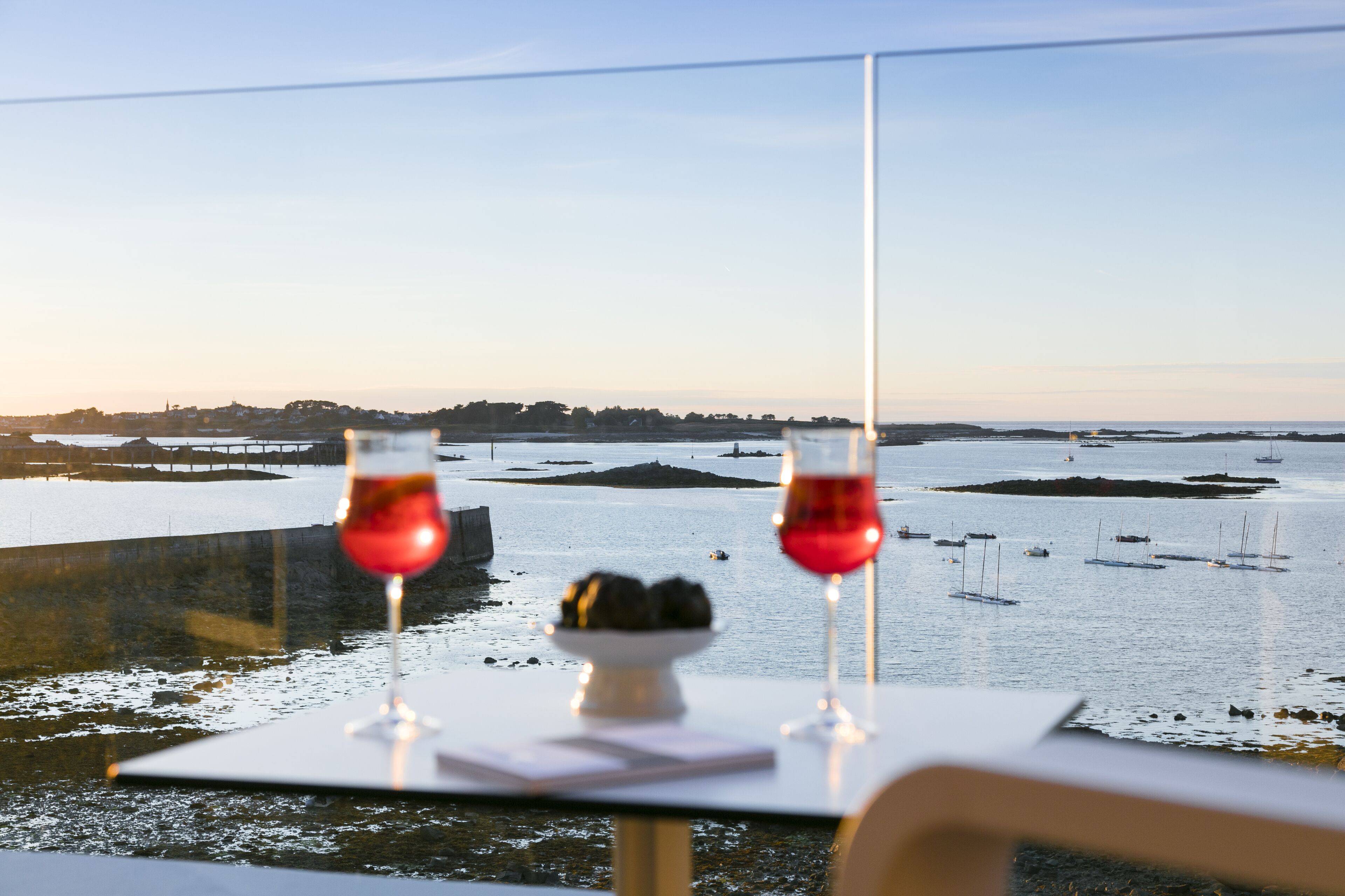 A table with two wine glasses and a bowl of grapes, overlooking a body of water with boats.