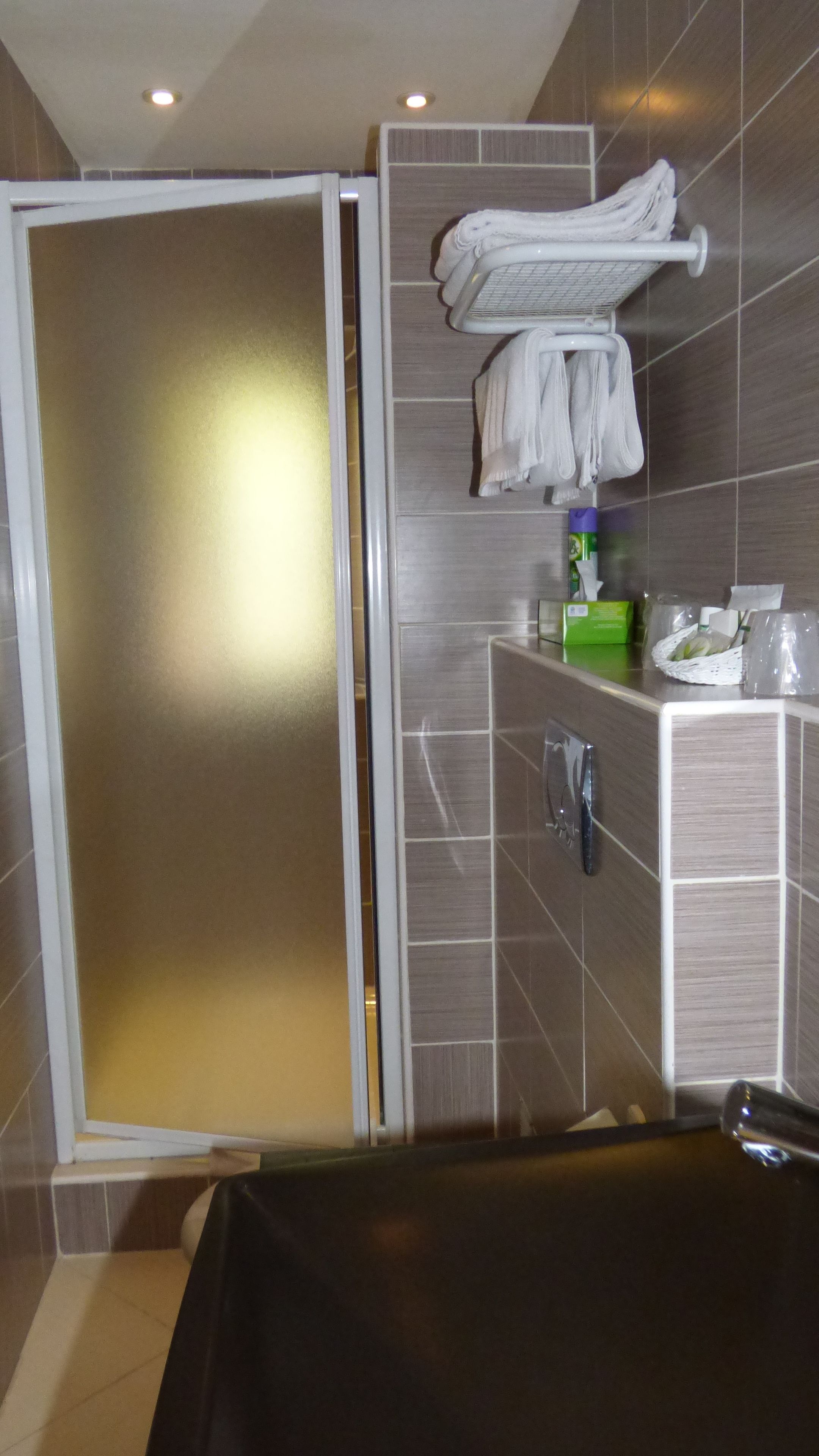 Een badkamer met een douchedeur van geëtste glas, een handdoekrek met handdoeken, een groene fles en een klein wit mandje.