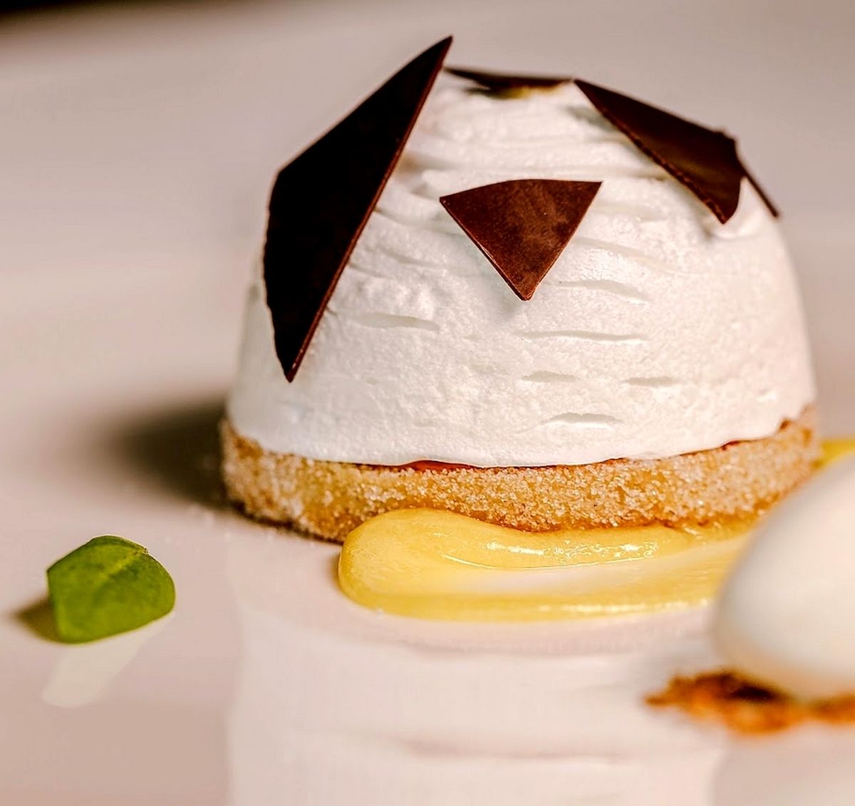 Un postre con cobertura cremosa blanca y detalles de chocolate.