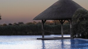 A thatched-roof structure over a pool with a moon in the sky. - L'estelle en Camargue (Saintes-Maries-de-la-Mer)
