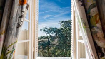 An open window with a view of a forested area and a clear sky.