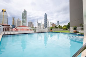 Outdoor pool, sun loungers