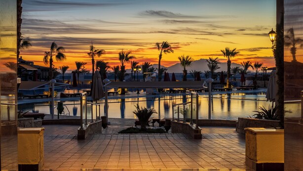 Un espace piscine doté d’un sol carrelé, de palmiers et offrant une vue sur le coucher de soleil.