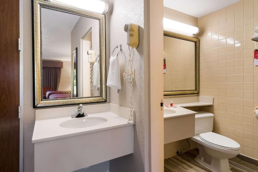 A bathroom with a white sink, a mirror with a gold frame, a hairdryer, and a toilet.
