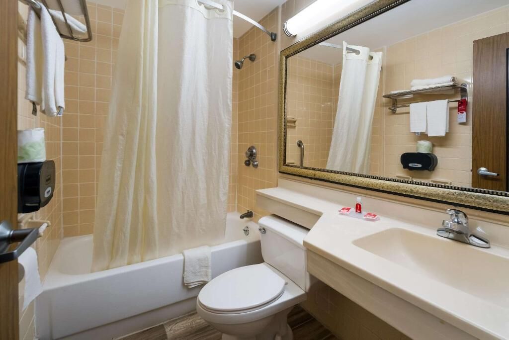Ein Badezimmer mit Badewanne, Toilette, Waschbecken und einem großen Spiegel.