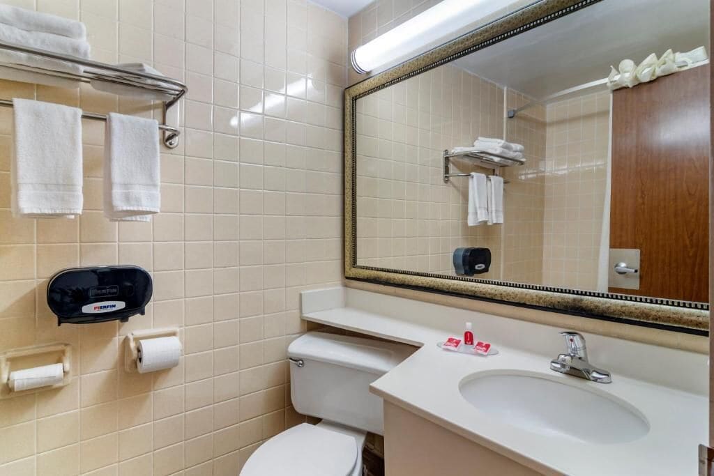 A bathroom with a toilet, sink, mirror, towel rack, and toilet paper dispenser.