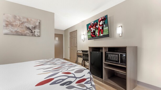 Quarto de hotel com cama, televisão, micro-ondas e secretária.