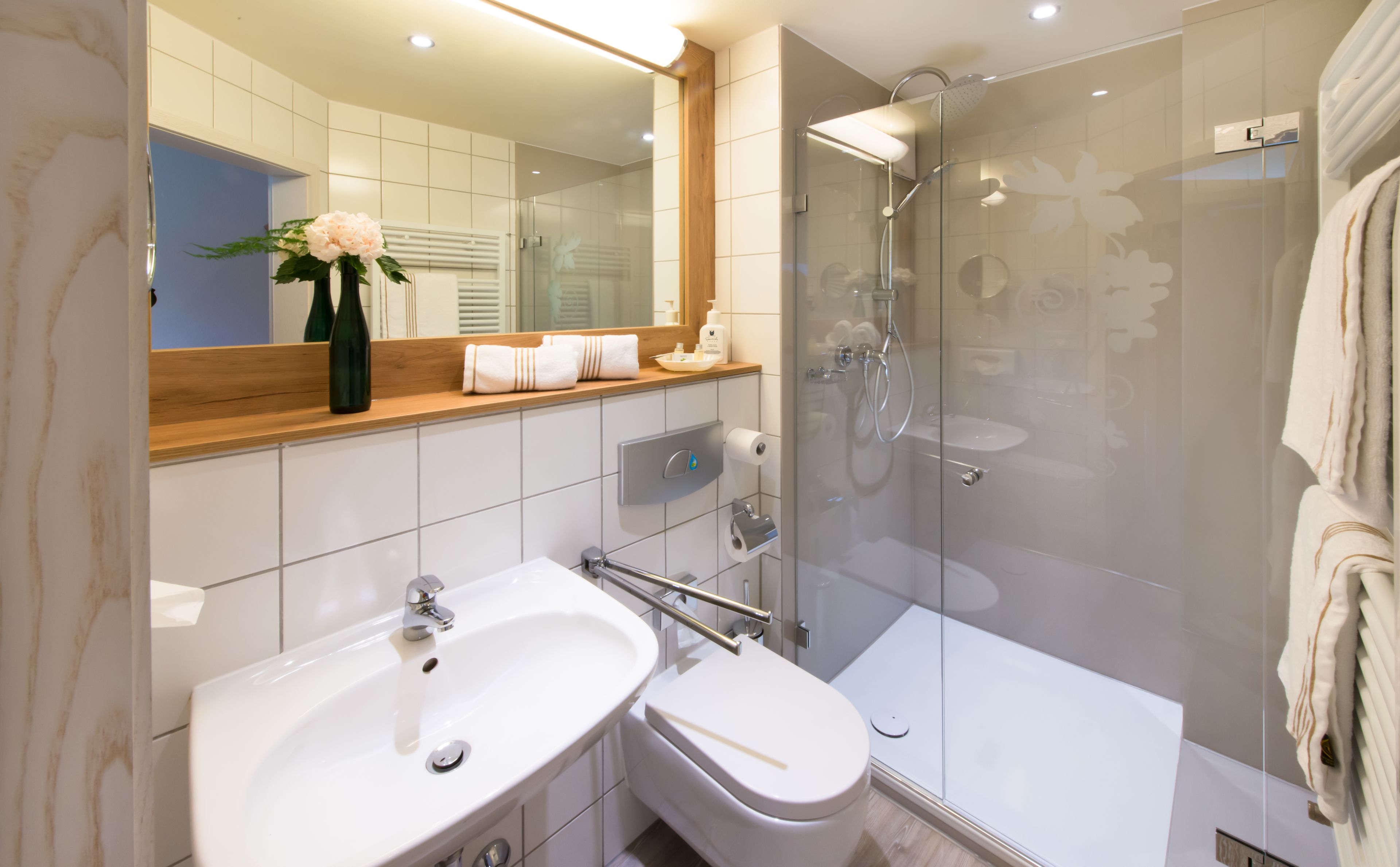 Een moderne badkamer met een douchecabine van glas, een witte wastafel en een spiegel boven de wastafel.