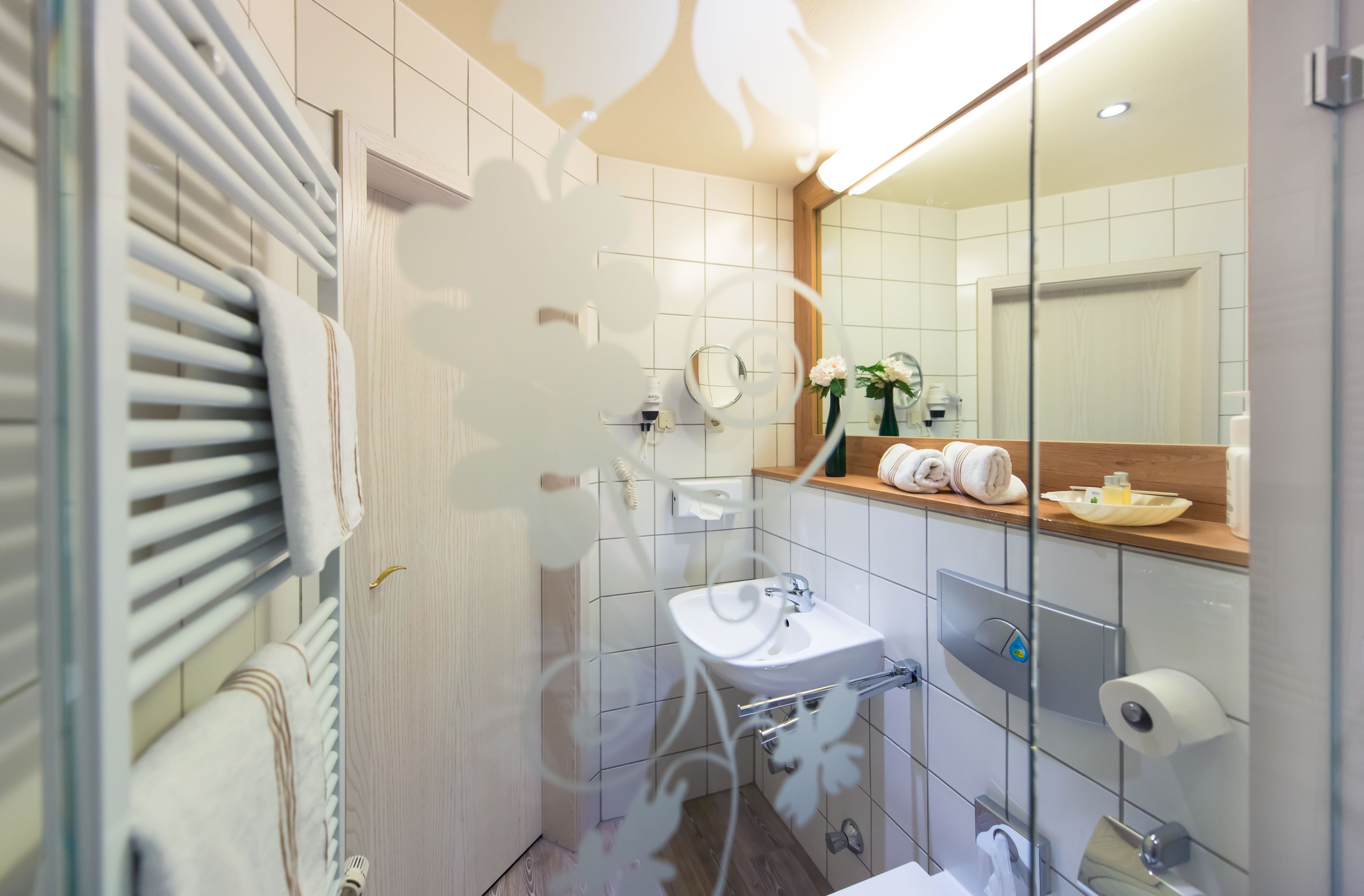 Une salle de bain moderne avec une douche à parois de verre, un lavabo blanc et un miroir au-dessus du lavabo.