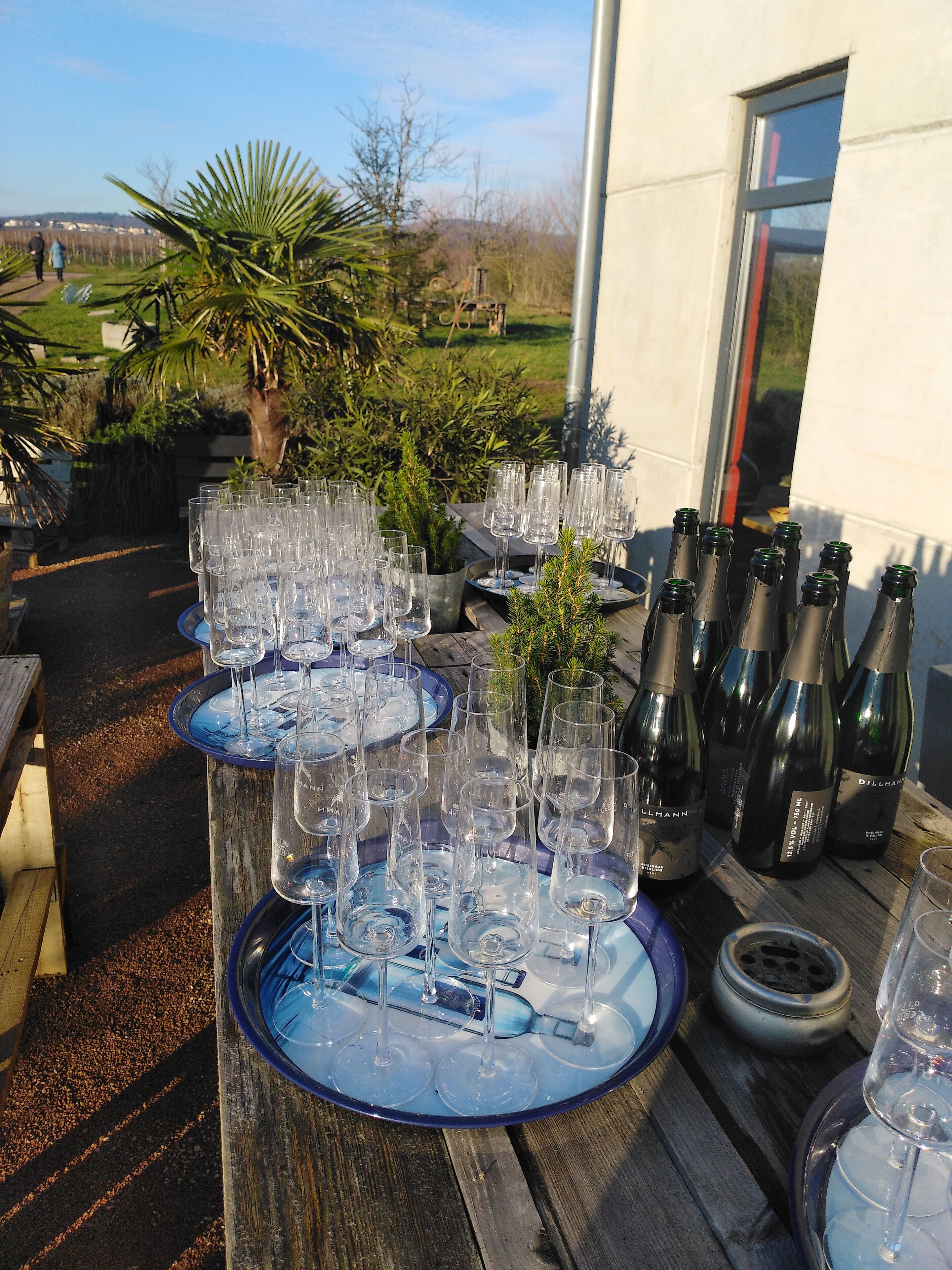 Mesa de madera con varias copas y botellas de vino, probablemente para un evento social.