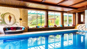 Piscina com interior iluminado pelo sol, área de estar com almofadas e amplas janelas com vista para o verde.